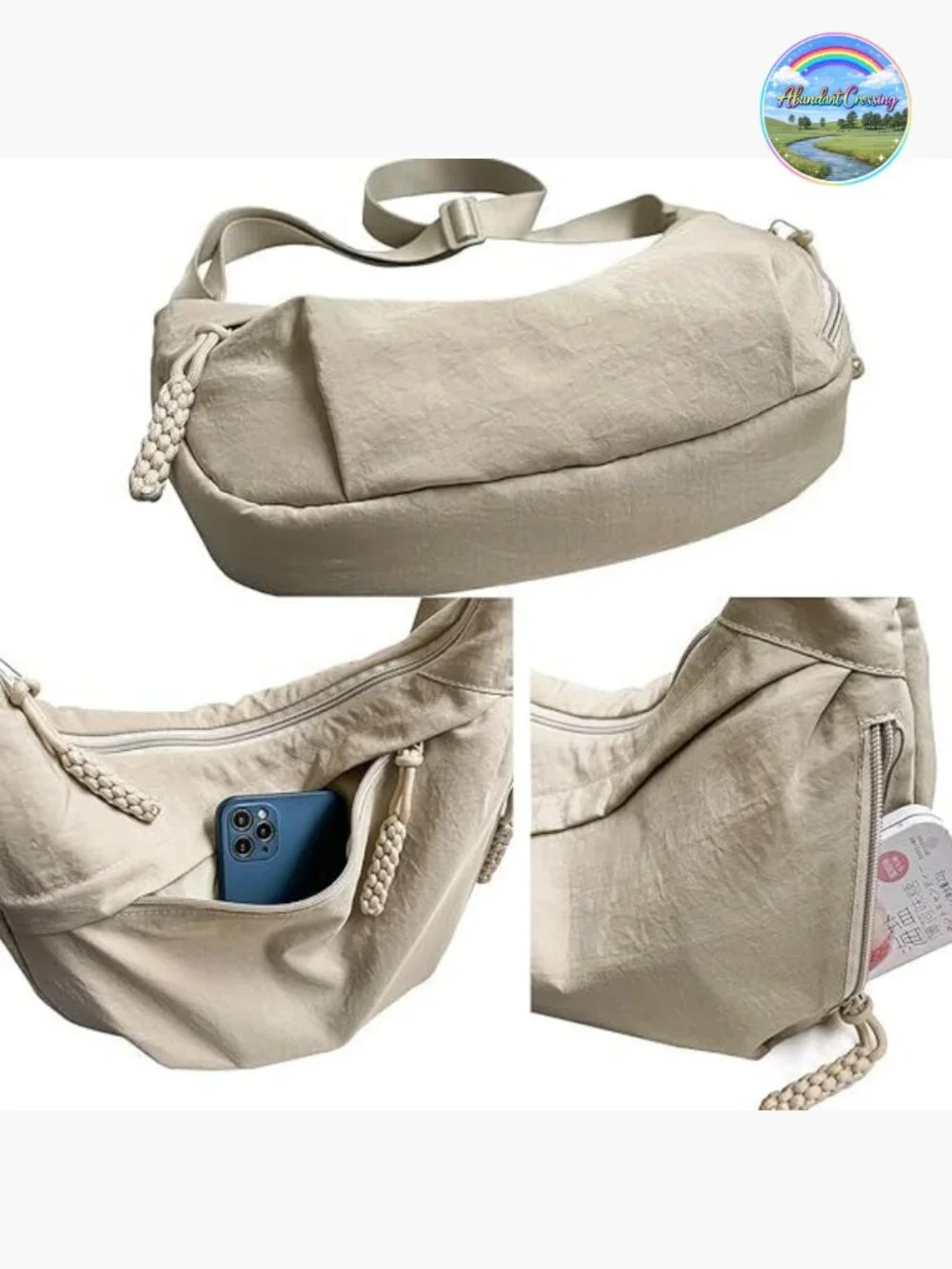 Nylon Hobo Crescent Crossbody Bag with Adjustable Strap